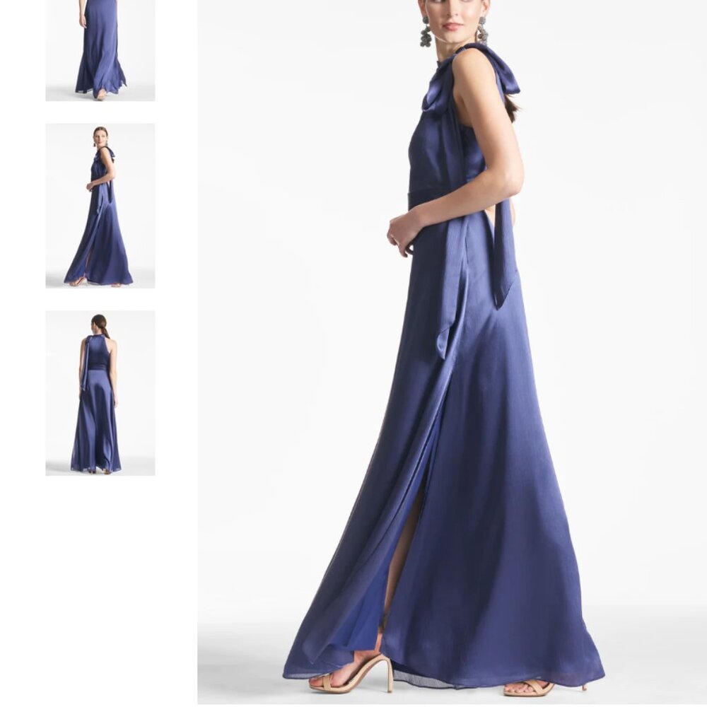 Sachin + Babi Indigo Satin Maxi Dress with Shoulder Tie